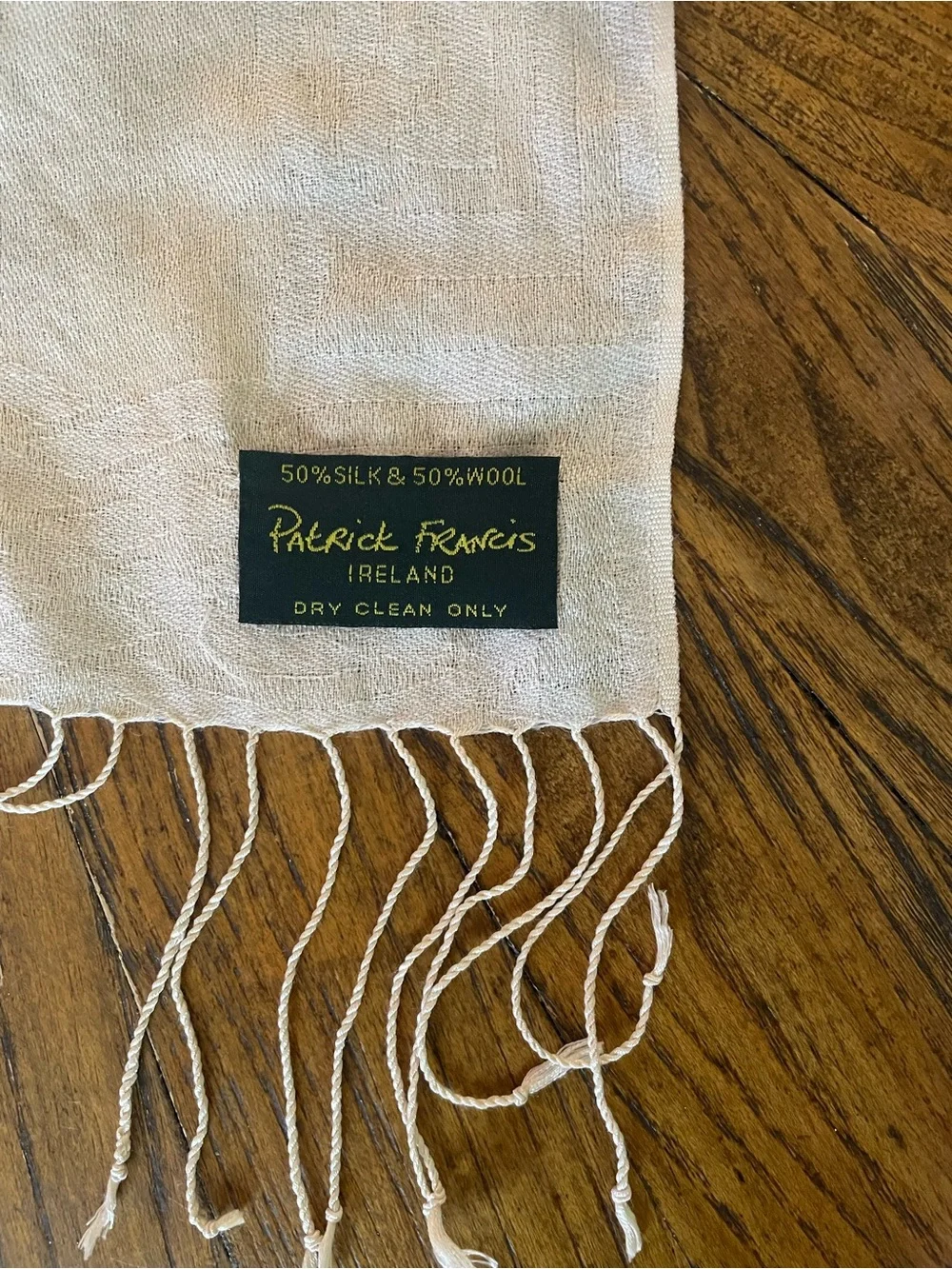 Patrick Francis Silk and Wool Luxurious Cream Celtic Knot Fringe Shawl 70”x25”